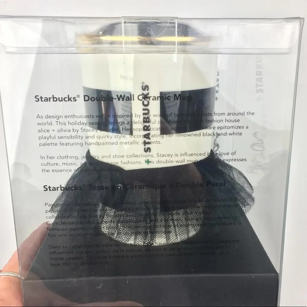 🆕 NEW Alice + Olivia x Starbucks Black White Stripe Ceramic Tumbler Teddy Bear